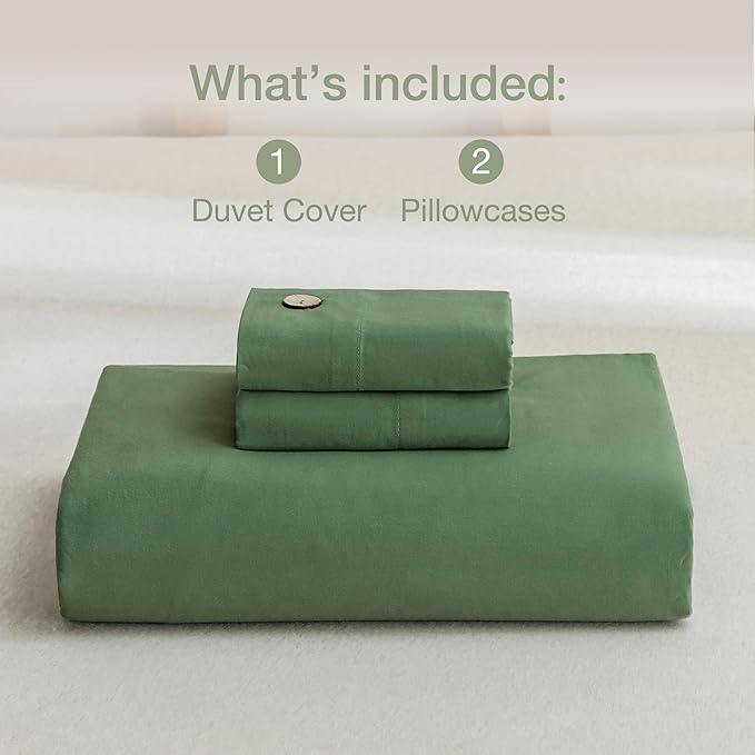 JELLYMONI Cotton Duvet Cover Oversized King Size - Green Comforter Cover with Button 100% Washed Cotton 3PCS Breathable Soft Solid Bedding Set Duvet Cover 120×98in & 2 Pillowcases (NO Comforter)