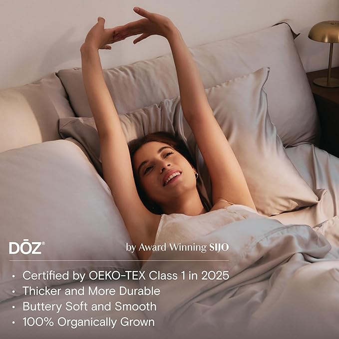 DOZ Sheet Set, 100% Viscose derived from Bamboo, Organically Grown, Buttery Soft, Cooling Sheets, High GSM, Deep Pockets - 4 Piece - 2 Pillowcases 1 Fitted 1 Top Sheet (Snow, Queen)