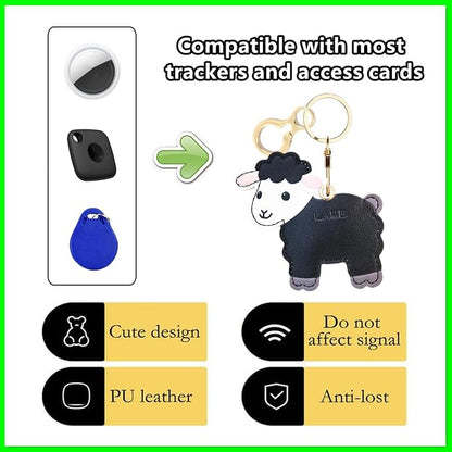 Leather Keychain Holder Case Compatible with AirTag,Cute Protective Cover with Keyring,Anti-Scratch Finder GPS Tracker Case for Wallet Keys,Bag,Pets,Backpack(Black Lamb)