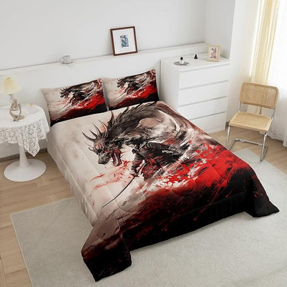 Japanese Samurai Comforter Set Queen Size,Dragon Sword Traditional Pattern Bedding Set for Kids Boys Girls Room Decor,Black Red White Ink Style Duvet Insert 3Pcs,Luxury Soft Quilt Set,2 Pillowcases