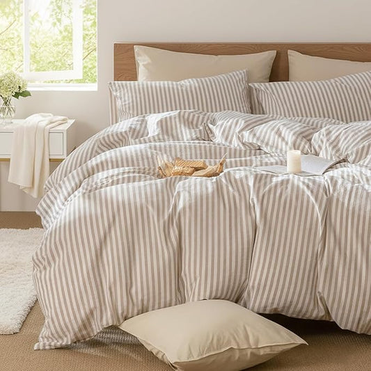 Nayoroom Striped Duvet Cover Queen Size - 100% Washed Cotton White Duvet Cover with Brown Stripes Pattern, 3 Pieces Soft Breathable Girls Dorm Bedding Set for Hot Sleepers, Yarn Dyed Process