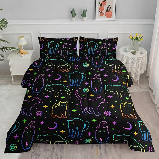 Black Cat Bedding Cartoon Cat Comforter Set Queen,Moon Stars Printed Kids Bedding Set for Boys Girls Adults Room Decor,Kids Comforter Set All Season,1 Quilt 2 Pillow Cases,Neon Color Blue Green