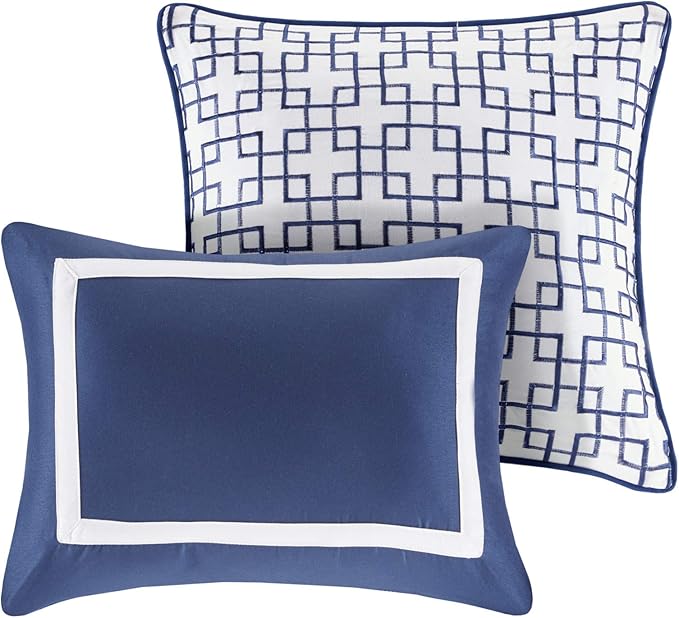 Madison Park Heritage Comforter Quilt Combo Set - Modern Luxury Design, All Season Down Alternative Bedding, Matching Shams, Decorative Pillows, Full/Queen(90"x90"), Color Block Navy 8 Piece