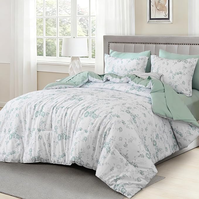 Luxudecor Floral Queen Comforter Set 7 Pieces Bed in a Bag, Green Rose Romantic Flower Bed Set, Soft Reversible Comforter with Sheet Set 90"x90"