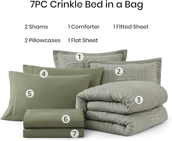 MaiRêve Full Size Comforter Set Crinkle Textured, Light Olive Green Diamond Boho Bedding Set 7 Pieces Bed in A Bag, All Season Geometric Comforter Set with Sheets, Pillowcases & Shams