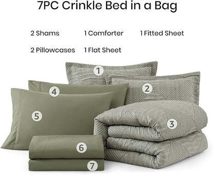 MaiRêve Full Size Comforter Set Crinkle Textured, Light Olive Green Diamond Boho Bedding Set 7 Pieces Bed in A Bag, All Season Geometric Comforter Set with Sheets, Pillowcases & Shams