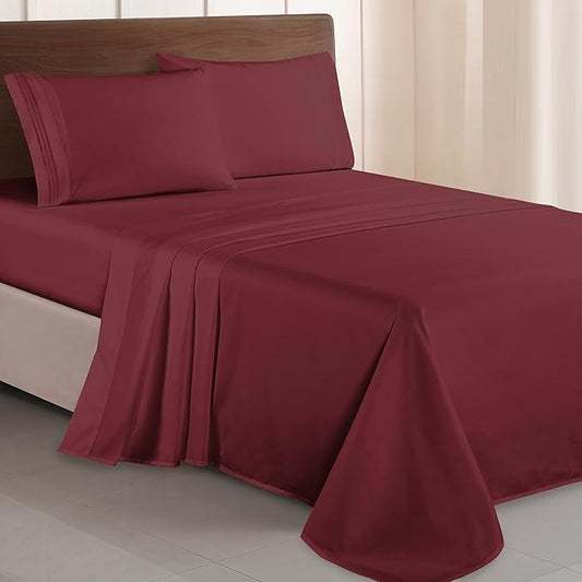 Elegant Comfort Luxurious 1500 Premium Hotel Quality Microfiber Three Line Embroidered Softest 4-Piece Bed Sheet Set, Wrinkle and Fade Resistant, Twin/Twin XL, Burgundy