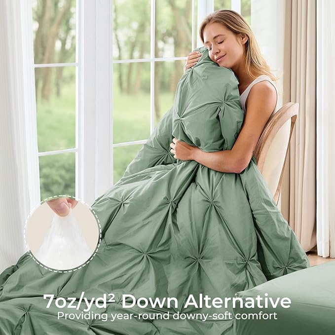 Sasttie King Size Comforter Set, 7-Piece Bed in a Bag, Pintuck Bedding Set for All Season, Includes Comforter, Flat Sheet, Fitted Sheet, Pillowcases and Pillowshams, Sage Green