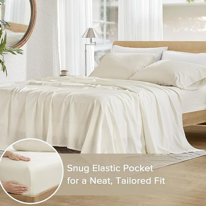 Comfort Spaces 100% Cotton Sheets King, Breathable & Ultra Soft Cotton Sheets, Naturally Cool Cotton Bed Sheets with 14" Elastic Pocket Fits up to 16" Mattress, All Season Sheet Set, Ivory 4 Piece