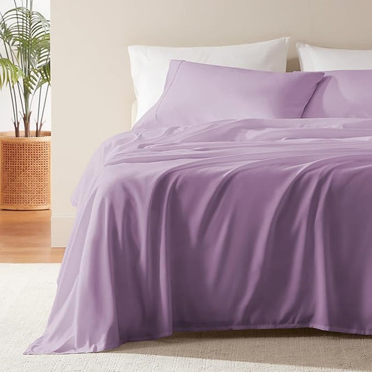 SLEEP ZONE Nanotex Super Soft Cooling Queen Bed Sheets Set 4 Piece - Easy Care Fitted Flat Sheet & Pillowcase Sets - Wrinkle Free, Fade Resistant, Deep Pocket 16" (Lavender, Queen)