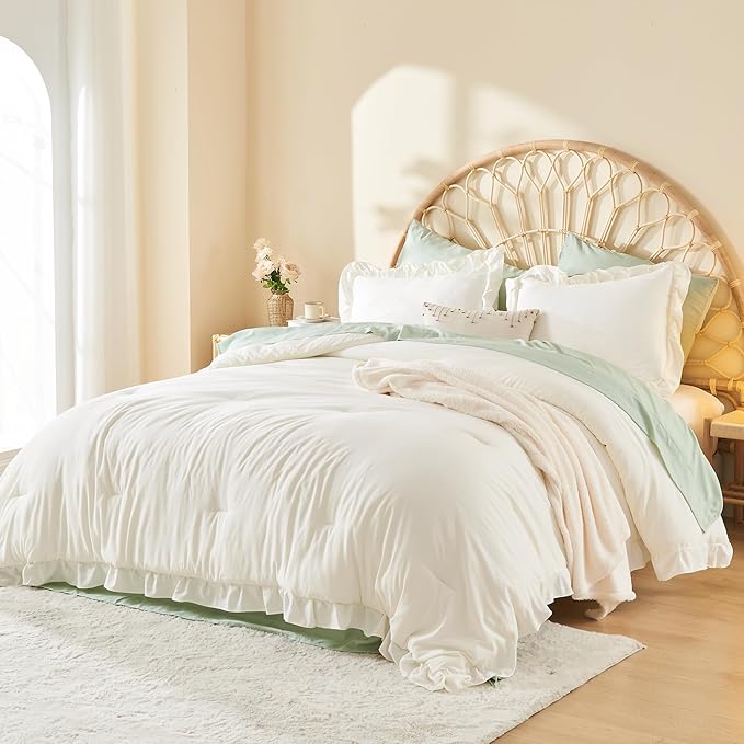 Litanika Twin Comforter Set Ivory, 2 Pieces Beige Ruffle Farmhouse Aesthetic Bedding Comforter Set, Lightweight Fluffy Microfiber Bed Set (66x90In Comforter, 1 Pillowcase)