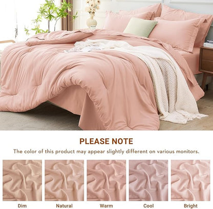 MUXHOMO 7 Pieces King Comforter Set, Soft Bed in a Bag King Size, All Season Bedding Set with Comforter, Flat Sheet, Fitted Sheet, Pillowcases & Shams, Rose Gold