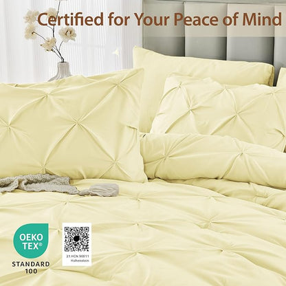 Sasttie California King Comforter Set, 7-Piece Bed in a Bag, Pintuck Bedding Sets for All Season, Includes Comforter, Flat Sheet, Fitted Sheet, Pillowcases and Pillowshams, Cream Yellow