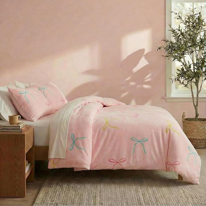 Bedbay Pink Bow Comforter Set Queen Size Warm Fluffy Fleece Bedding Set Cute Bowknot Teen Girls Ultra Soft Plush Velvet Comforter Queen Bed Set Sweet Bow Tie Dreamy Princess Style Bedding 3 Pcs
