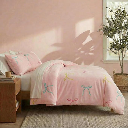 Bedbay Pink Bow Comforter Set Queen Size Warm Fluffy Fleece Bedding Set Cute Bowknot Teen Girls Ultra Soft Plush Velvet Comforter Queen Bed Set Sweet Bow Tie Dreamy Princess Style Bedding 3 Pcs