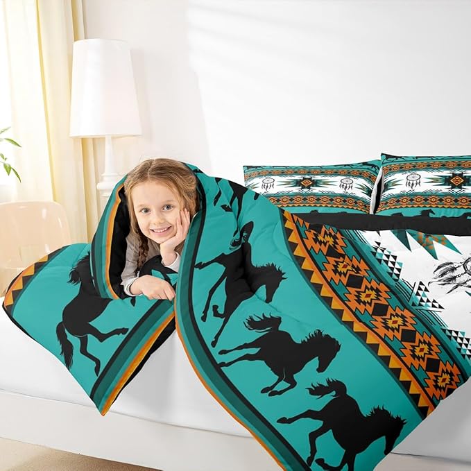 Feelyou Boho Comforter Set King Size Southwestern Native Aztec Comforter Bohemian Dream Catchers Bedding Set Horses Duvet Set Room Decor Azure Quilt Set