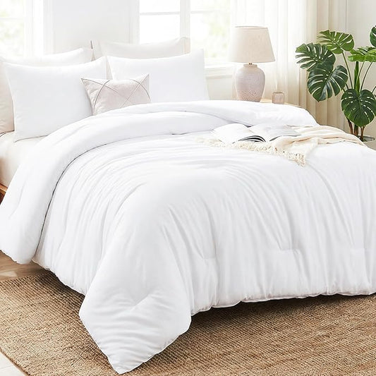 CozyLux White Queen Comforter Set, 3 Pieces Solid Breathable Quilted Boho Style Bedding Sets, Luxury Fluffy Soft Bed Set with Down Alternative Comforter for All Season (1 Comforter & 2 Pillowcases)
