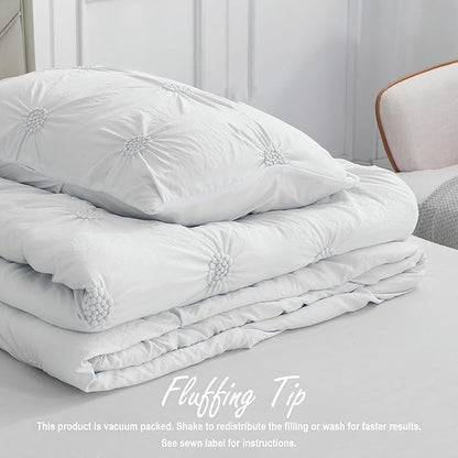 Swift Home King White 3-Piece Down Alternative Comforter Set Bedding Ruched 3D Floral Pintuck All-Season, Machine Washable