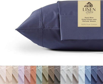 Linen Home 100% Cotton Percale Pillowcases King Size, Dark Blue, 2 Pieces of Pillow Case, Crisp and Cool Strong Bed Linen, 20 inches X 40 inches
