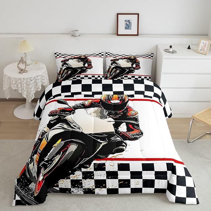Feelyou Dirt Bike Comforter Set King Size Racing Motocross Rider Comforter for Boys Girls Teens Extreme Sports Bedding Set Flag Duvet Set Room Decor Off White Quilt Set