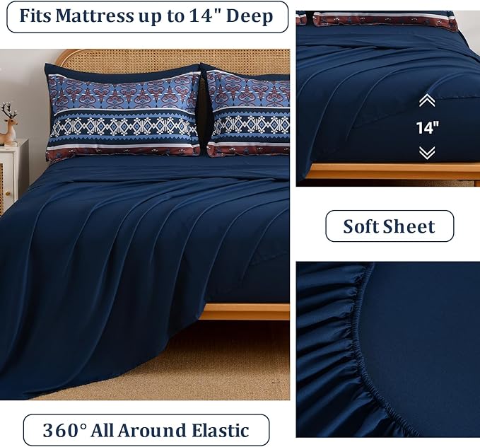 Boho Comforter Set Queen Size,7 Pieces Bohemian Comforter Bedding Set Bed in a Bag,Navy Blue Paisley Floral Comfortet and Sheet Set,Soft Striped Bedding Sets for All Season