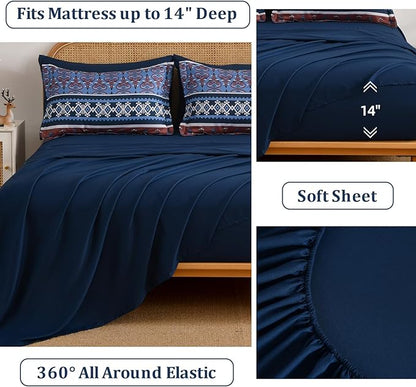 Comforter Set King Size Boho,7 Pieces Bohemian Bedding Comforter Set Striped Bed in a Bag,Navy Blue Paisley Floral Comfortet and Sheet Set,Soft Microfiber Bedding Sets for All Season