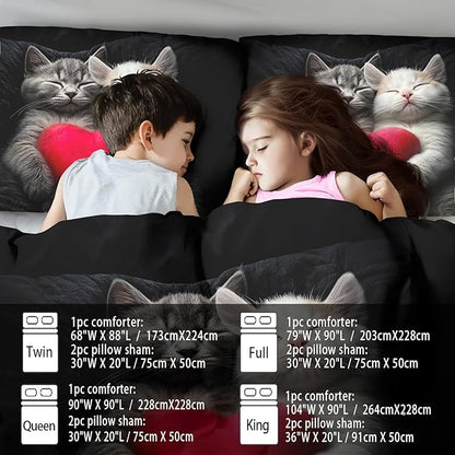 Cute Cat Comforter Set King,Kawaii Cat Bedding Set for Girls,Cute Animal Comforter Red Love Heart Bedding Decor,Kawaii Farm Animal Quilt Patterns Kids and Adults