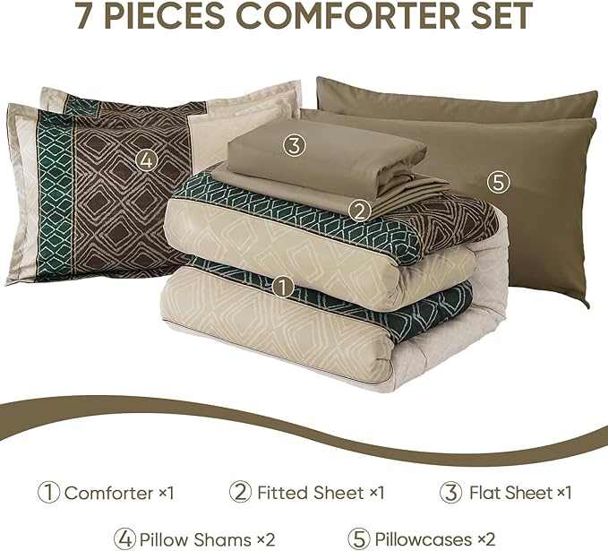 Dinjoy Queen Comforter Set Khaki Boho,7 Piece Bed in a Bag Queen Size Warm Striped Bedding Sets Comforters with Plaid Light Brown Bed Set with Sheets for Women Fall Winter