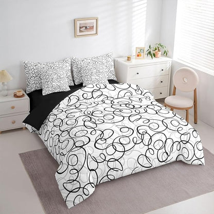 Erosebridal Geometric 7 Piece Comforter Set Full Bed in A Bag Black Gray White Abstract Swirls Bedding Set for Boys Girls Modern Abstract Texture Bedroom Decor Contemporary Lines Aesthetic Sheet Set