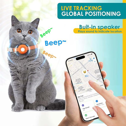 Cat Tracker, MINI GPS Tracker, Compatible with Apple Find My App(Only iOS), Waterproof Cat Trackers Collar with Bell and Safety Elastic Buckle, No Monthly Fee Pet Tracker,Orange