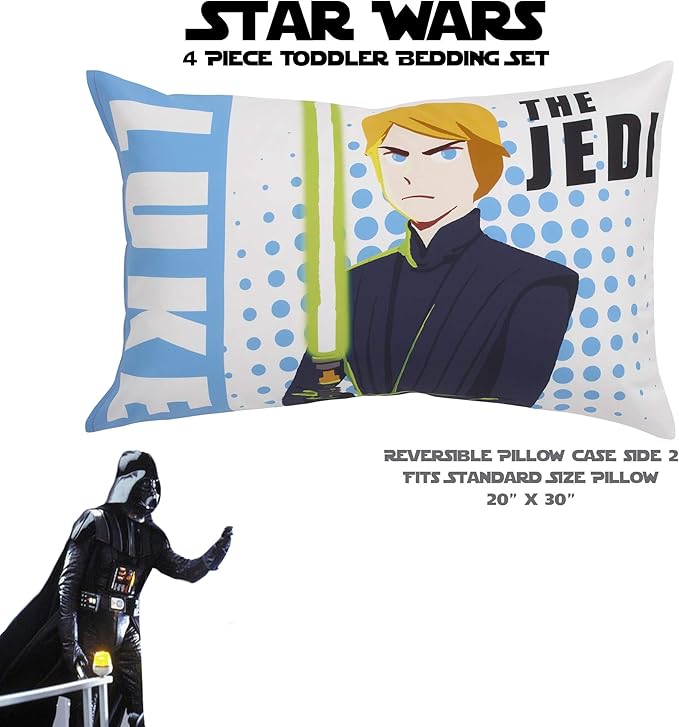 Disney Star Wars Galaxies Await 4 Piece Toddler Bedding Set Fitted Sheet, Pillow Case, Top Sheet, and Comforter Quilt - Blue