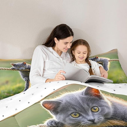 Erosebridal Kawaii Kitten Comforter Set King Size Hemp Rope Bedding Set for Kids Girls Boys Grass Natural Sunshine Yellow Green Comforter Warm Soft Quilt Insert