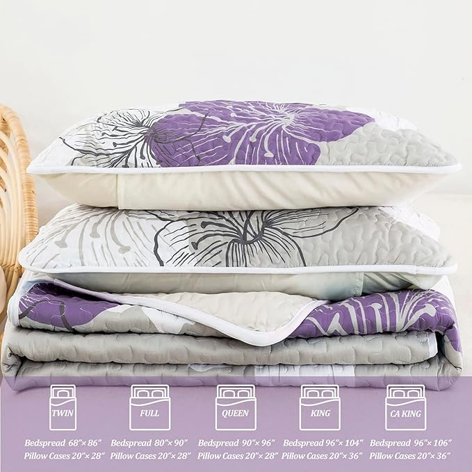 DJY 3 Pieces Quilt Set California King Purple Floral Pattern Quilt Coverlet Set Elegant Lily Bedspread with 2 Pillow Shams Breathable Microfiber Bedding Quilt Set All Season (Purple, 106"x96")
