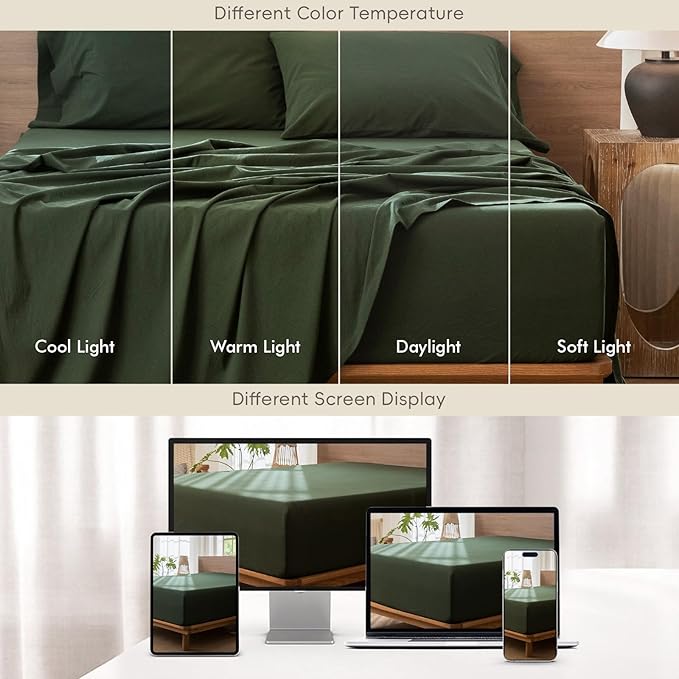 MooMee Fitted Bottom Sheet Only 100% Washed Cotton Linen Like Textured Breathable Durable Soft Comfy Deep Pocket Fits Mattress up to 17" (Forest Green, Twin)