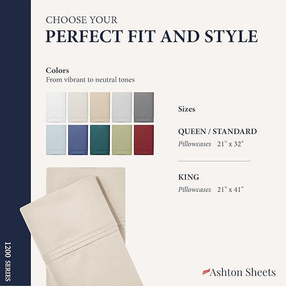 Ashton Sheets 100% Egyptian Cotton Pillow Cases King Size Set of 2 - Luxury 1200 Thread Count Sateen Weave Ivory Pillow Covers, Silky Soft, Breathable & Cooling Pillowcases, Fits King Size Pillows