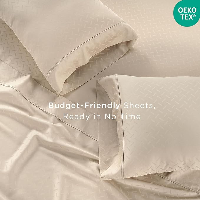 Threadmill Cotton Twin XL Sheet Set | 100% Cotton Sheets for Twin XL Size Bed | Damask Jacquard Sateen Twin XL Bed Sheets Set with 16” Deep Pocket | Soft Breathable 3-Piece Cooling Sheet Set | Beige