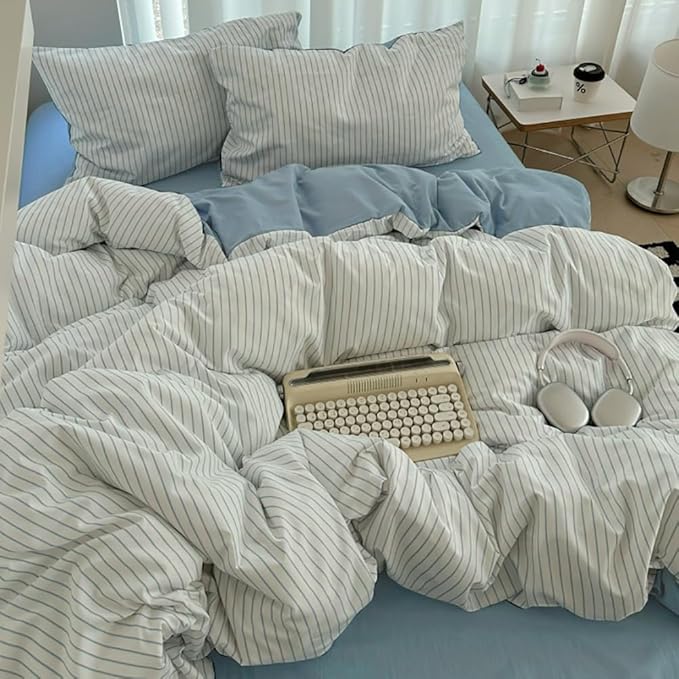 Nayoroom Blue Striped Duvet Cover Queen Size 100% Washed Cotton Duvet Cover Linen Like Textured, Reversible 3 Pieces Soft Breathable Yarn-Dyed Stripe Girls Dorm Bedding Set for All Seasons