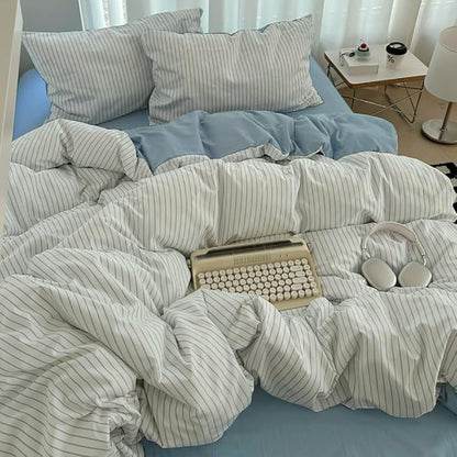 Nayoroom Blue Striped Duvet Cover Queen Size 100% Washed Cotton Duvet Cover Linen Like Textured, Reversible 3 Pieces Soft Breathable Yarn-Dyed Stripe Girls Dorm Bedding Set for All Seasons