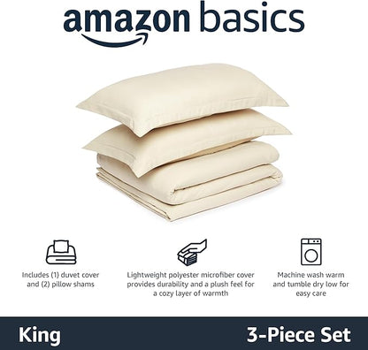 Amazon Basics Lightweight Microfiber 3-Piece Duvet Cover Set with Zipper Closure, King, Beige, Solid