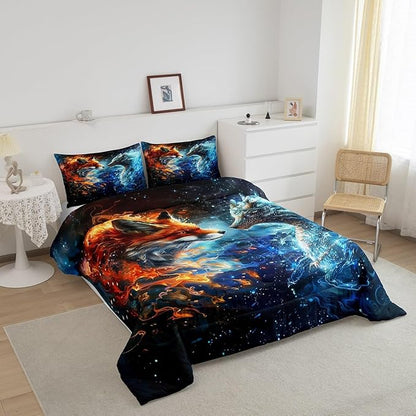 Fox and Dragon Comforter Set Queen Size,3D Flaming Ice Collision Bedding Set,Western Magical Style Animals Quilt Set for Kids Boys Girls Adult Room Decor,Galaxy Universe Duvet Insert,2 Pillowcases