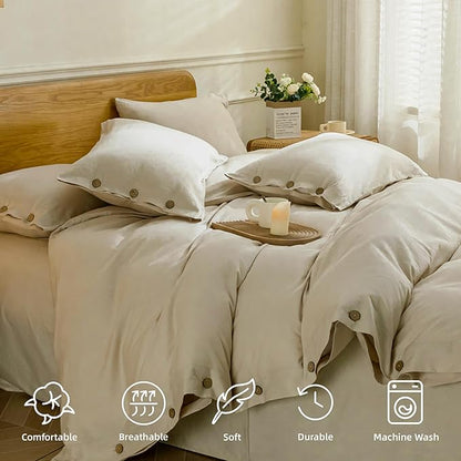 JELLYMONI Cotton Duvet Cover Twin Size - Light Khaki Comforter Cover with Button 100% Washed Cotton 2PCS Breathable Soft Solid Bedding Set Duvet Cover 68×90in & 1 Pillowcase (NO Comforter)