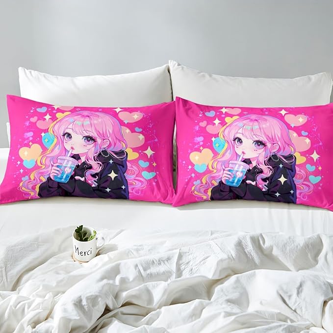 Erosebridal Preppy Girls Sheets for Boys Girls Kawaii Japanese Girl Drinking Water Fitted Sheet,Coquette Girl with Colorful Curly Hair Kids Bedding Sets Pink Anime Gifts Bed Sets Full 3 Piece