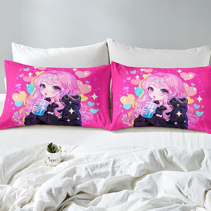 Erosebridal Preppy Girls Sheets for Boys Girls Kawaii Japanese Girl Drinking Water Fitted Sheet,Coquette Girl with Colorful Curly Hair Kids Bedding Sets Pink Anime Gifts Bed Sets Full 3 Piece