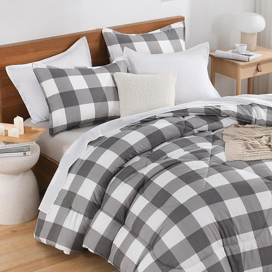 Andency Plaid Comforter Twin XL(68x92Inch), Gray White Checkered Gingham Buffalo Grid Bed Set for Students Boys Kids Teens, 2 Pieces Lightweight Polyester Geometric Dorm Bedding