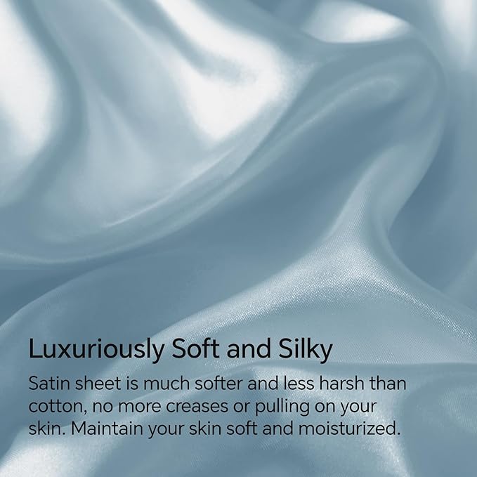 BEDELITE California King Sheets Set, Luxury Soft Light Blue Satin Sheets for Hair and Skin, Similar to Silk Bed Sheets Set 4 Pieces with 1 Deep Pocket Fitted Sheet, 1 Flat Sheet, and 2 Pillowcases