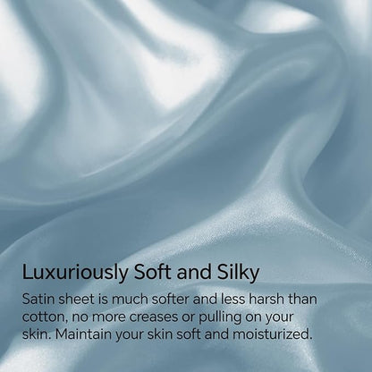 BEDELITE Satin Sheets Twin Size Bed Set, Luxury Soft Light Blue Silky Sheets for Hair and Skin, Similar to Silk Bed Sheets Set 3 Pieces with 1 Deep Pocket Fitted Sheet, 1 Flat Sheet, and 1 Pillowcase