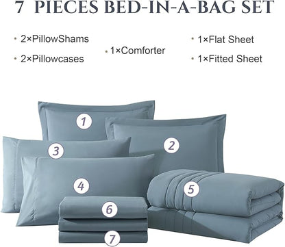 Monbix Full Comforter Set - 7 Pieces Dusty Blue Bed in a Bag Full Size Bedding Sets with Comforters, All Seasons Comforter with Sheets, Pillowcases & Shams