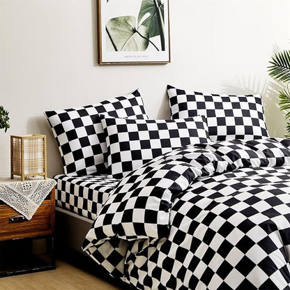 Houseri White Black Plaid Comforter Set Cal King Black and White Checkerboard Comforter California King Size Black Buffalo Checkered Bedding Elegant Grid Gingham Checker Comforter Sets California King
