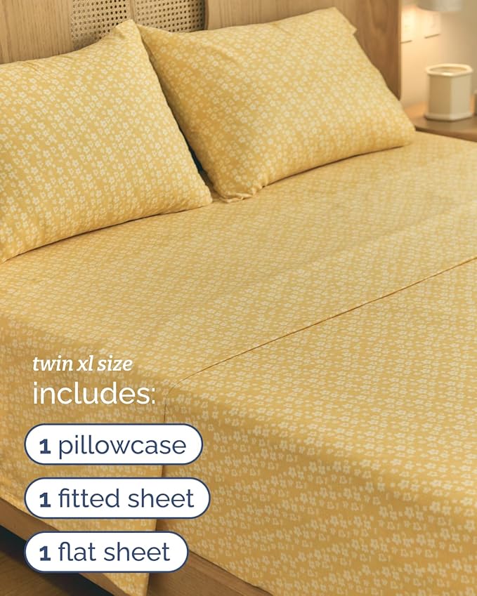 Floral Sheets - Yellow Floral Bed Sheet Set - 1 Flat, 1 Fitted & 1 Pillowcase w/ Deep Pockets - Comfy, Wrinkle & Fade Free - Boho Botanical Bedding - Soft, Breathable and Cooling - Twin XL Size Set