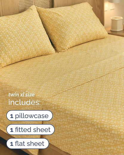 Floral Sheets - Yellow Floral Bed Sheet Set - 1 Flat, 1 Fitted & 1 Pillowcase w/ Deep Pockets - Comfy, Wrinkle & Fade Free - Boho Botanical Bedding - Soft, Breathable and Cooling - Twin XL Size Set